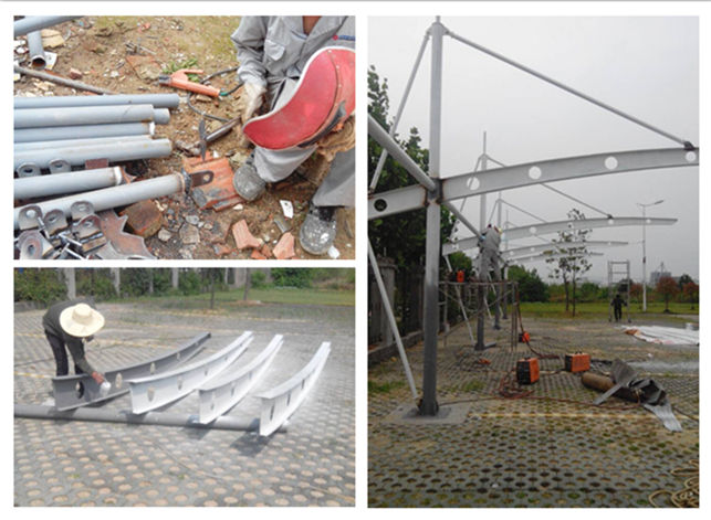 漢川吊塔式異形鋼膜結(jié)構(gòu)停車棚鋼結(jié)構(gòu)現(xiàn)場(chǎng)施工圖