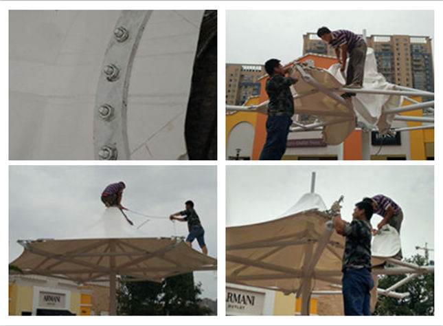 百年奧特萊斯冒頂六邊休閑景觀傘膜結(jié)構(gòu)拉膜現(xiàn)場施工圖