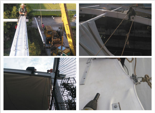 氣象局籃球場(chǎng)頂棚膜結(jié)構(gòu)拉膜現(xiàn)場(chǎng)施工圖