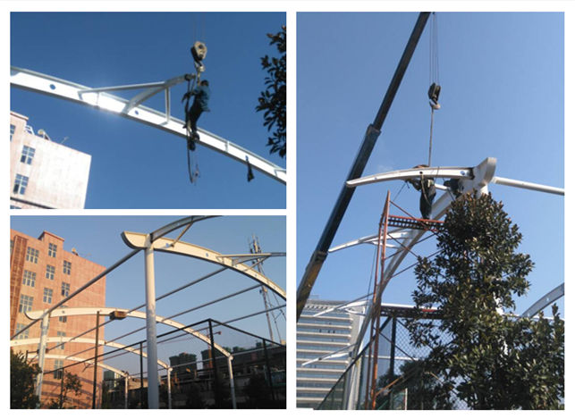 韶關(guān)氣象局頂棚膜結(jié)構(gòu)鋼結(jié)構(gòu)現(xiàn)場(chǎng)施工圖