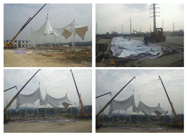 河南高速公路收費(fèi)站頂棚膜結(jié)構(gòu)拉膜現(xiàn)場施工圖