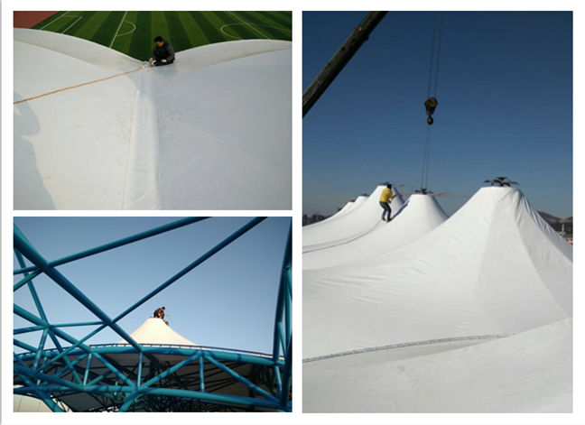 遼寧財(cái)貿(mào)學(xué)院體育看臺(tái)膜結(jié)構(gòu)拉膜現(xiàn)場(chǎng)施工照片